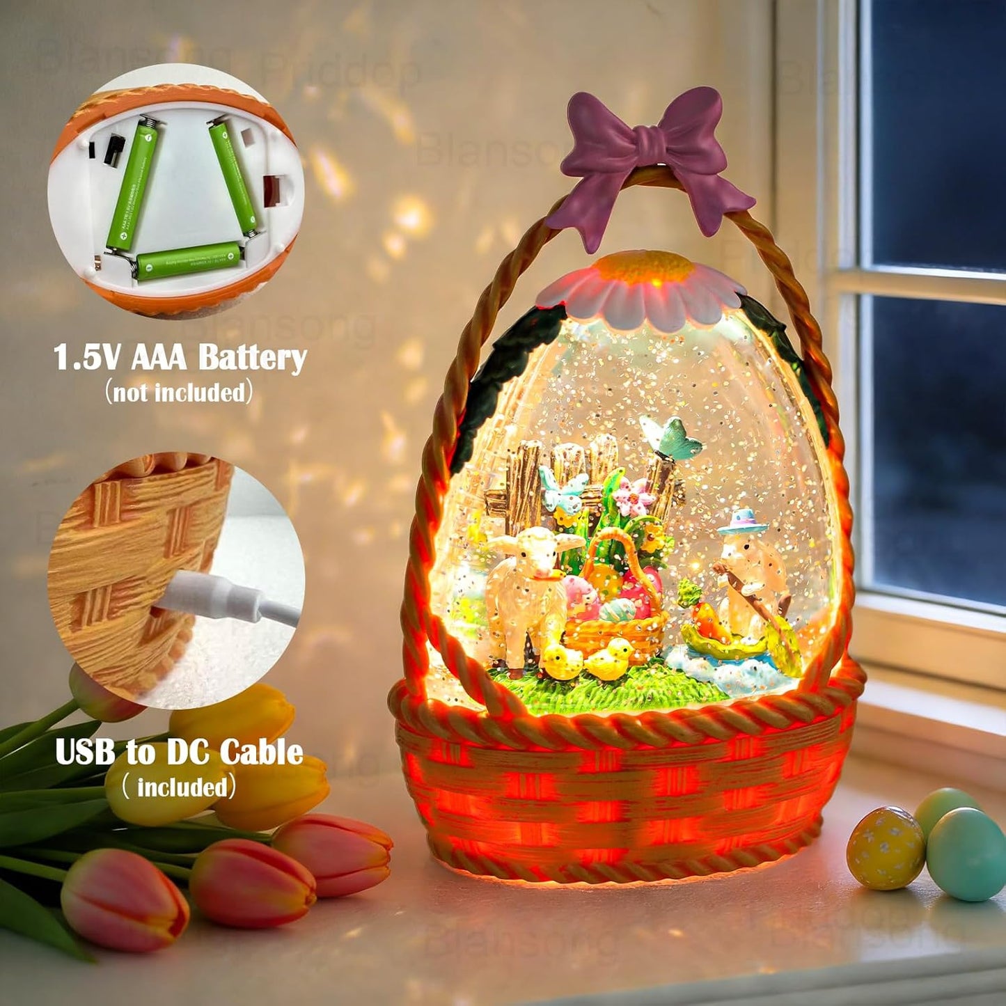 Priddop Easter Bunny Snow Globe | 9.5-Inch Decorative Basket with Glittering Snowfall & Timer