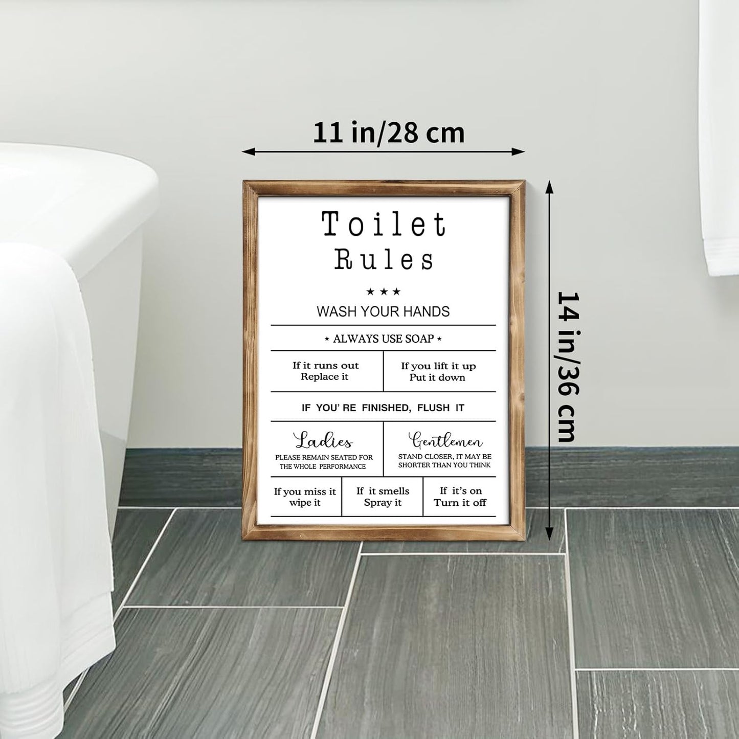 MODE HOME Farmhouse Wall Art - Funny Bathroom Rules Sign with Torched Brown Frame | 14x11 Inch Shabby Chic Decor