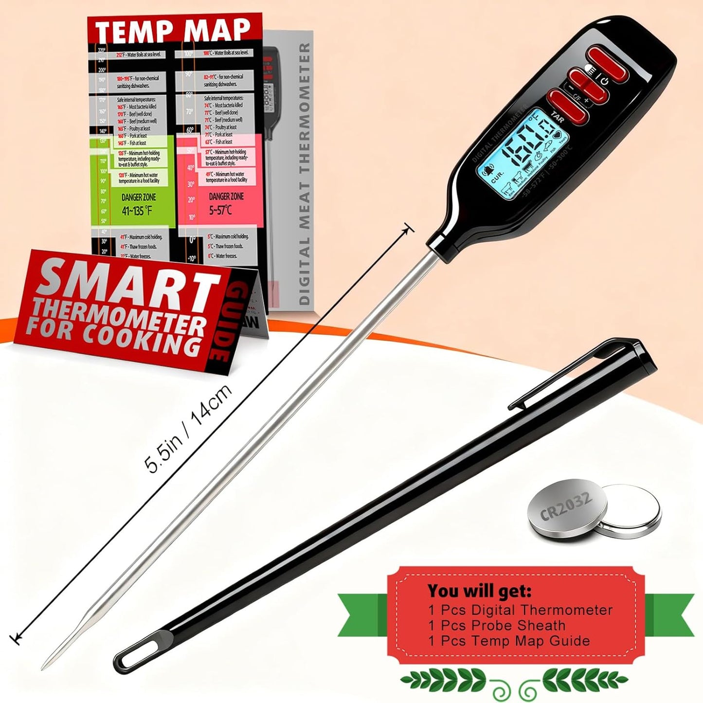 Antonki Digital Meat Thermometer - Instant Read Food Thermometer with Long Probe for Cooking & Grilling | Backlit Display Included