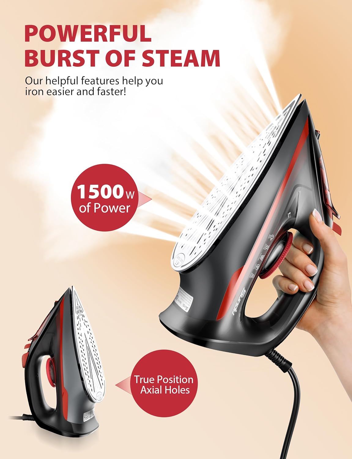 Skiennix Steam Iron - 1500W Powerful with Ceramic-Coated Soleplate, Auto Shutoff & Self-Cleaning
