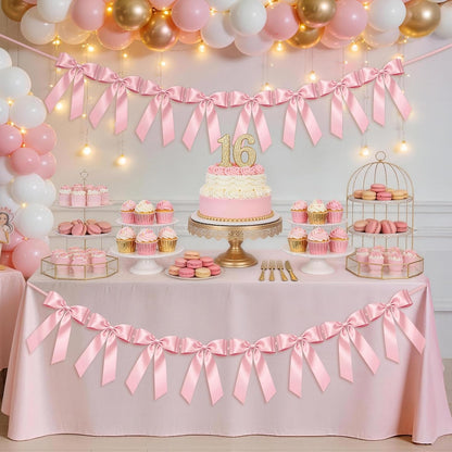 Skiennix Pink Bow Garland Banner - 8 Pre-Strung Double-Layer Satin Ribbon Bows | Reusable Valentine's Day Decor for Baby Showers & Parties