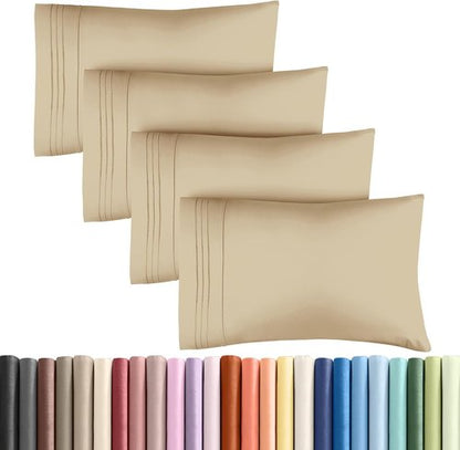 King Pillow Cases Set of 4 - Ultra Soft Hotel Quality - Wrinkle Free & Fade Resistant - Beige