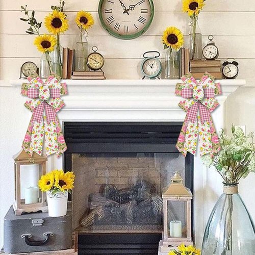 Estivaux Large Spring Flowers Bow - Pink Buffalo Plaid & Natural Burlap | Perfect for Wreaths & Decorations