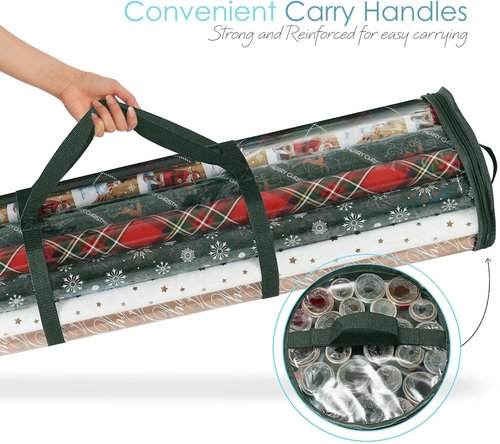 Hearth & Harbor Wrapping Paper Storage Container - Tear-Proof Christmas Bag for 36 Rolls | Green