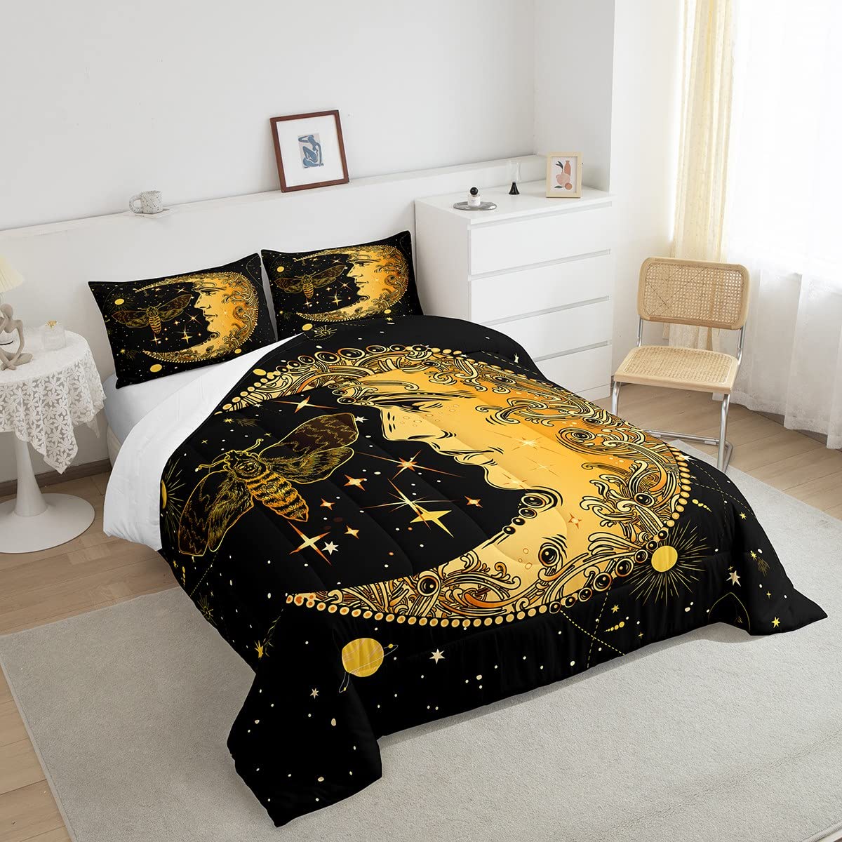 Erosebridal Boho Moth Bedding Set Full Black Yellow Sun and Moon Comforter Set,Gothic Moth Skull Quilt Duvet,Galaxy Starry Sky Down Comforter Tribal Paisley Decor Duvet Sets for Kids Boys Room Decor