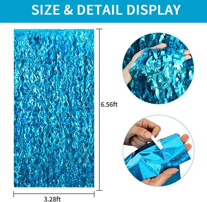 TONIFUL Wavy Metallic Tinsel Foil Fringe Curtains - Teal Blue Backdrop for Parties & Photo Booths (6.6ft x 6.6ft)