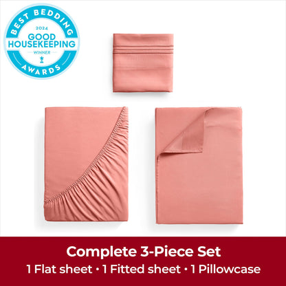 Mellanni Extra Deep Twin XL Sheets - 3 PC Iconic Collection Bedding - Hotel Luxury, Ultra Soft, Cooling Bed Sheets - Wrinkle, Fade, Stain Resistant (Twin Extra Long, Coral)