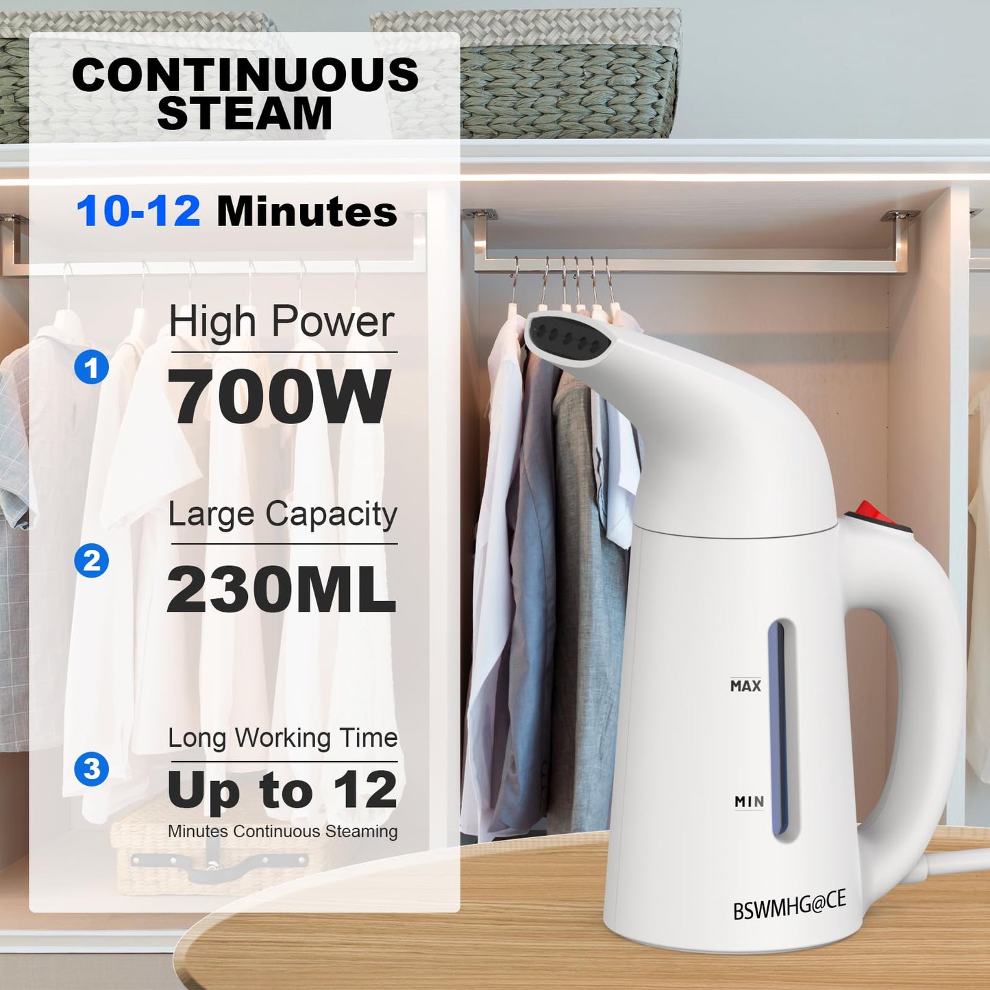 Steamer for Clothes Handheld,Portable Clothes Steamer Remove Wrinkle, 230ml Capacity Garment Steame Ideal for ALL Fabrics, 12 minutes Continuous Steam, One button Design, Easy to Use, mini (White)