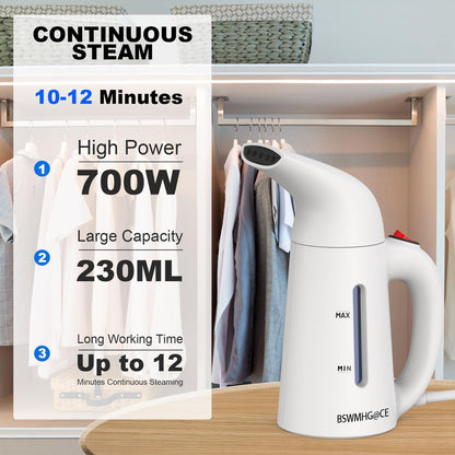 Steamer for Clothes Handheld,Portable Clothes Steamer Remove Wrinkle, 230ml Capacity Garment Steame Ideal for ALL Fabrics, 12 minutes Continuous Steam, One button Design, Easy to Use, mini (White)