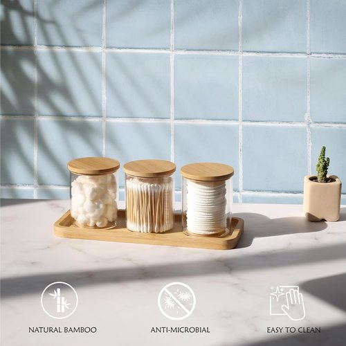 INIUNIK Qtip Holder Set - 3 Pack Glass Apothecary Jars with Lids for Bathroom Organization | Cotton Balls, Swabs & More