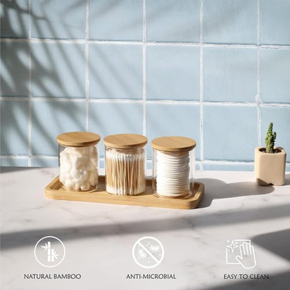 INIUNIK Qtip Holder Set - 3 Pack Glass Apothecary Jars with Lids for Bathroom Organization | Cotton Balls, Swabs & More