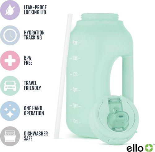 Ello Hydra 64oz Water Jug - Motivational Time Markers, Leak-Proof Lid & Straw | BPA-Free Plastic Bottle