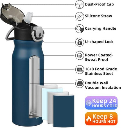 BJPKPK Insulated Water Bottle - 25oz Stainless Steel Flask with Straw, Leak-Proof Lid & Carry Handle | Navy Blue