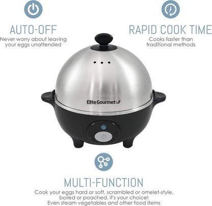 Elite Gourmet EGC-508 Egg Cooker - Rapidly Prepare 7 Easy-To-Peel Eggs, Poach & Make Omelets, Stainless Steel