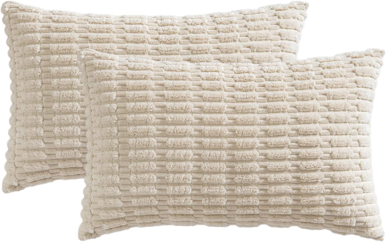MIULEE Corduroy Lumbar Throw Pillow Covers - Soft Boho Striped Design | 22x14 Inch Cream White for Modern Home Decor