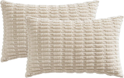 MIULEE Corduroy Lumbar Throw Pillow Covers - Soft Boho Striped Design | 22x14 Inch Cream White for Modern Home Decor