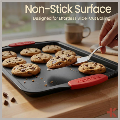 Bakkenmaster Baking Set - 8-Piece Non-Stick Bakeware with Red Silicone Handles - Carbon Steel, PFOA Free