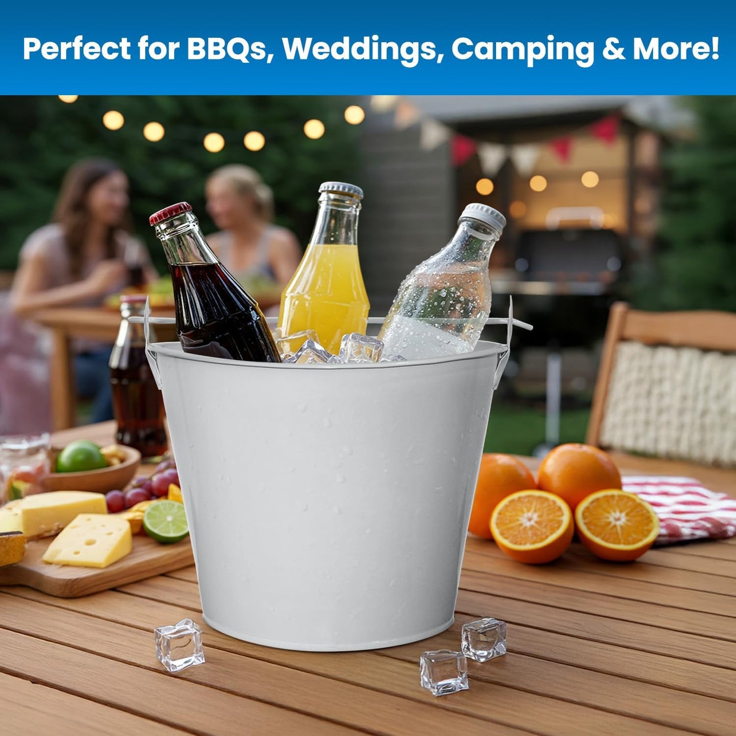 PLEXON Ice Bucket for Parties Coctail Bar Restaurant - Drink Beer Champagne Metal Pail Bucket with Handle, Beverage Chiller, 1.3 Gallon, Galvanized Steel, Gray, Set of 3