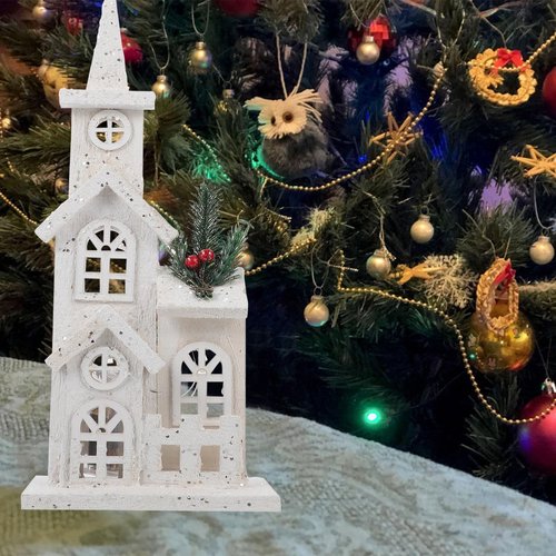 LABRIMP Luminous Wooden Castle Ornament - Lighted Christmas Village House Decor for Holiday Parties