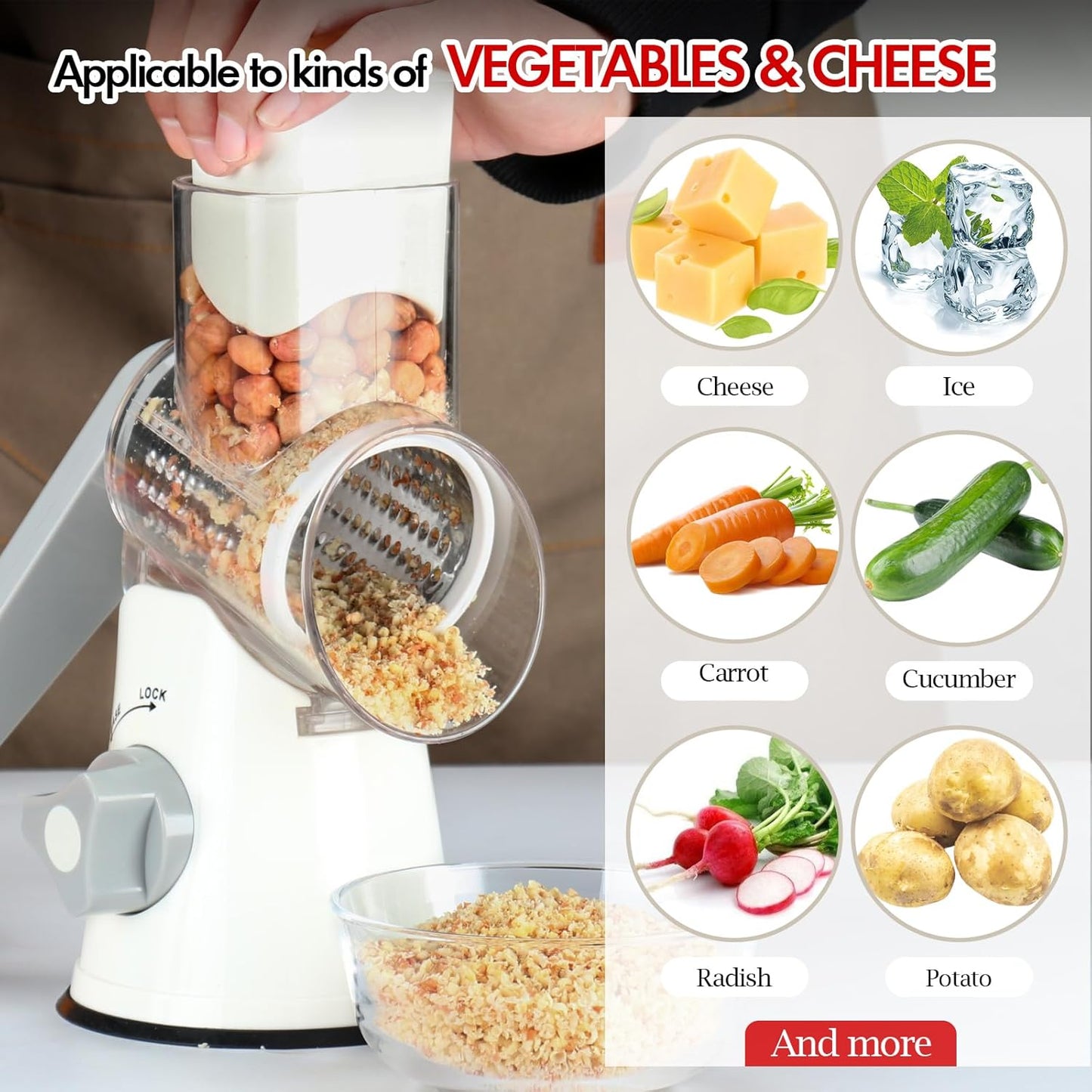 Ourokhome Rotary Cheese Grater - Hand Crank Kitchen Shredder with 5 Blades for Cheese, Vegetables & Nuts - White