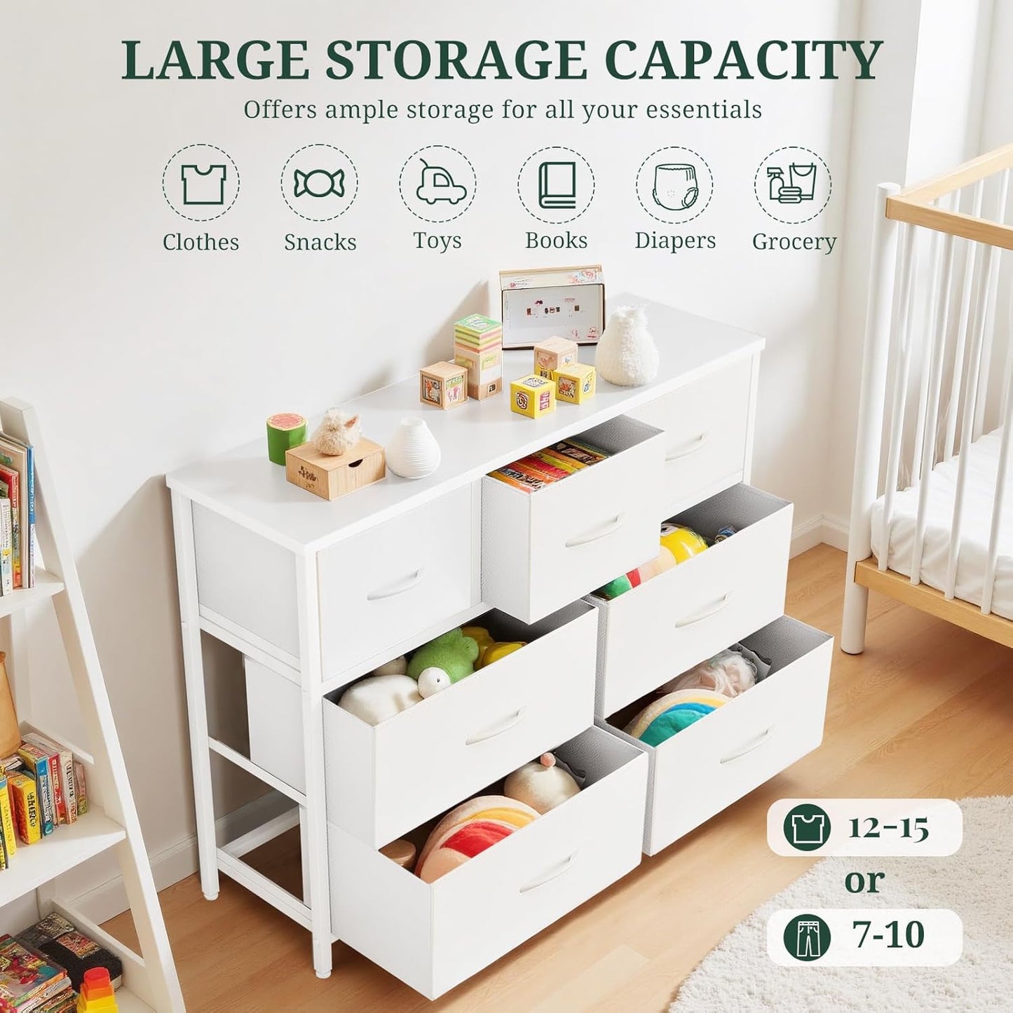 Skiennix 7-Drawer Dresser - Anti-Tip Fabric Storage Organizer with Wooden Top | White Finish for Bedroom & Living Room