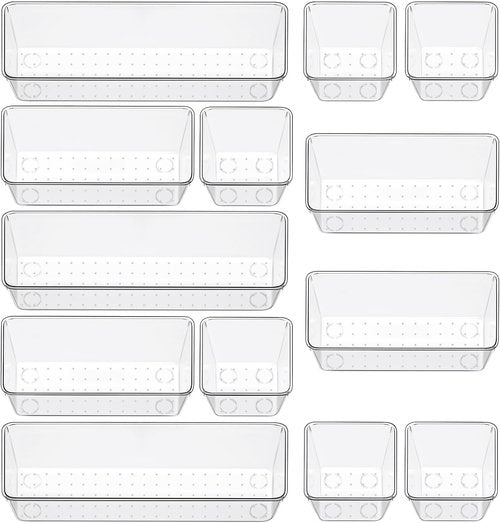 Clear Drawer Organizer Set by [Brand Name] - 12 Pieces with 3 Sizes for Makeup, Jewelry & Gadgets | Versatile Storage Solution for Home & Office