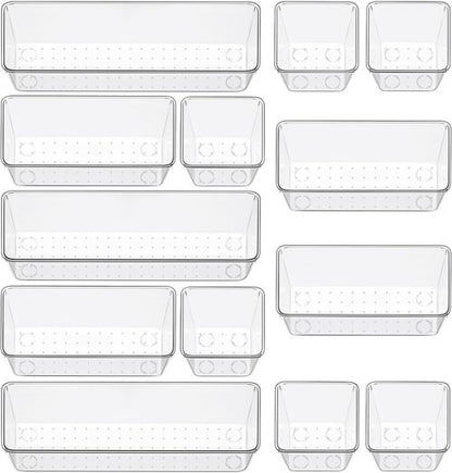 Clear Drawer Organizer Set by [Brand Name] - 12 Pieces with 3 Sizes for Makeup, Jewelry & Gadgets | Versatile Storage Solution for Home & Office