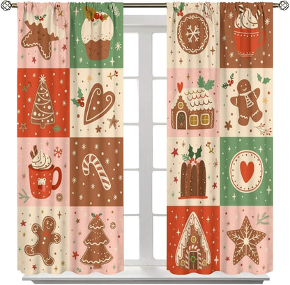 Skiennix Christmas Patchwork Curtains - Hand-Drawn Gingerbread Houses Design | Winter Holiday Drapes (W20xL45 Inch) - Set of 2