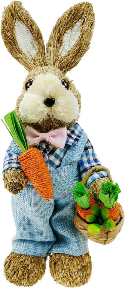 DearSun 14" Easter Straw Bunny Figurine - Blue Sisal Rabbit Holding Carrots | Spring Table Decor for Home & Garden