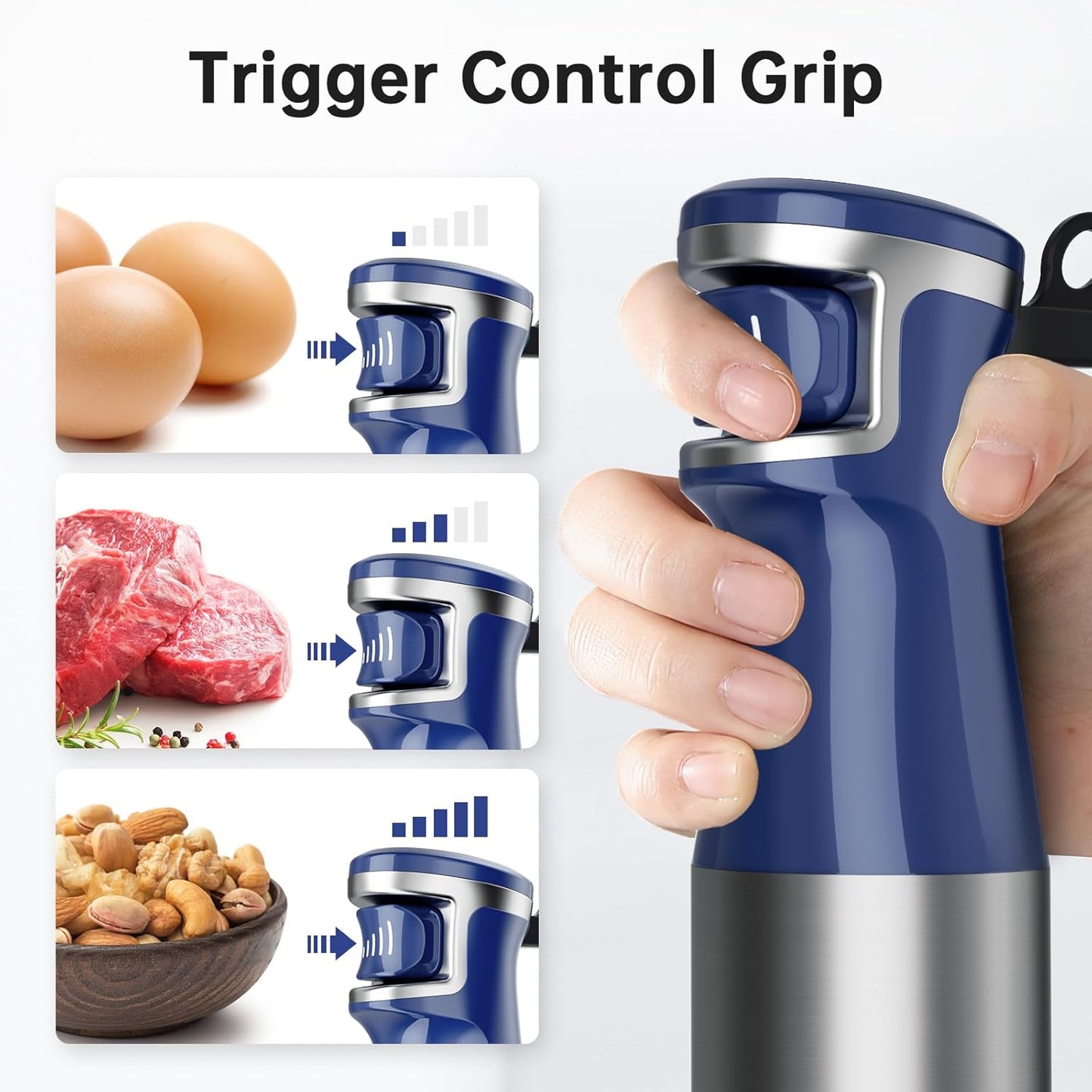 Skiennix Immersion Blender - 1100W Handheld Stick Mixer with Variable Speed, Chopper & Whisk - Navy Blue