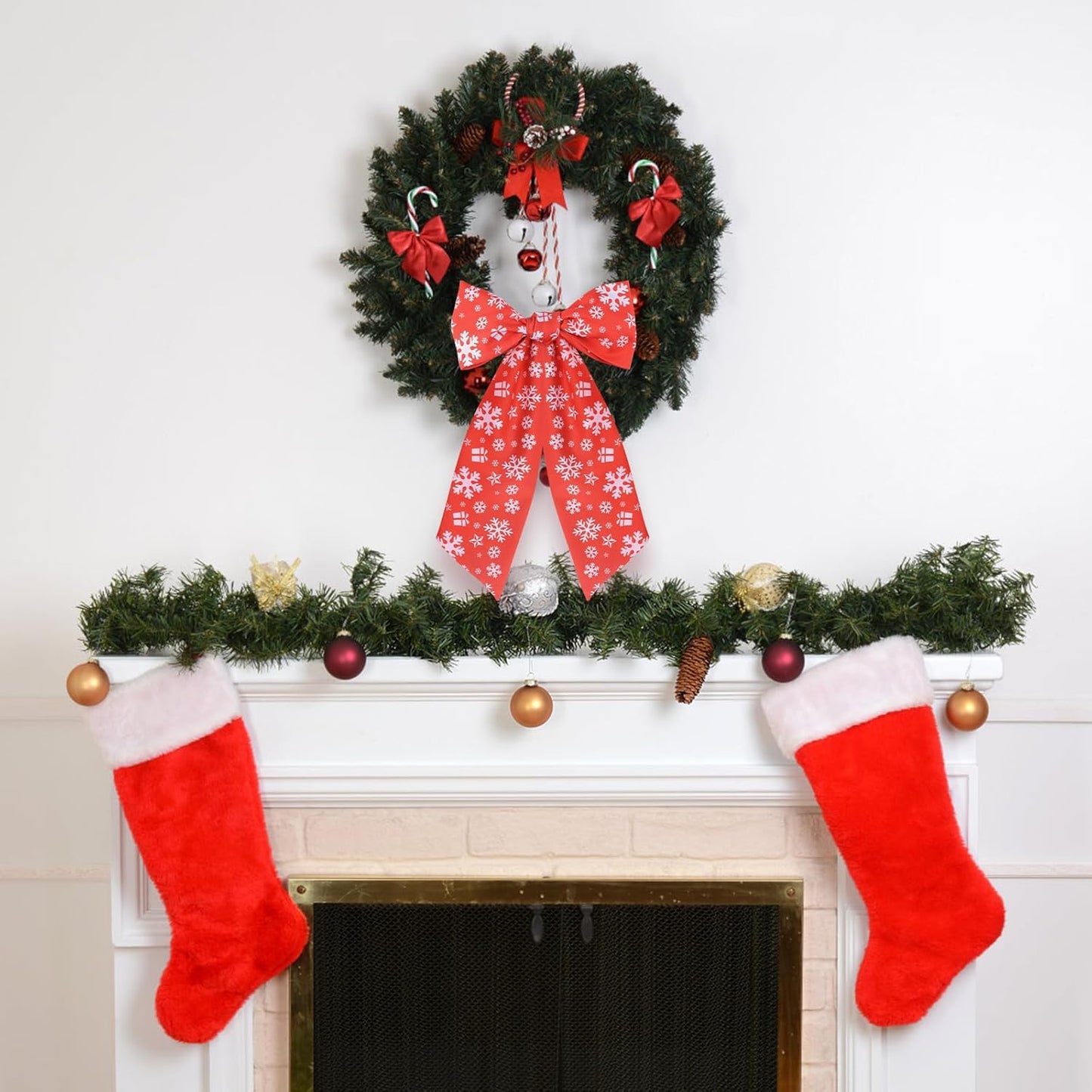 Red Satin Sash by Wreath - 2pcs Front Door Decor with Christmas Bow Embroidery | Indoor/Outdoor Use