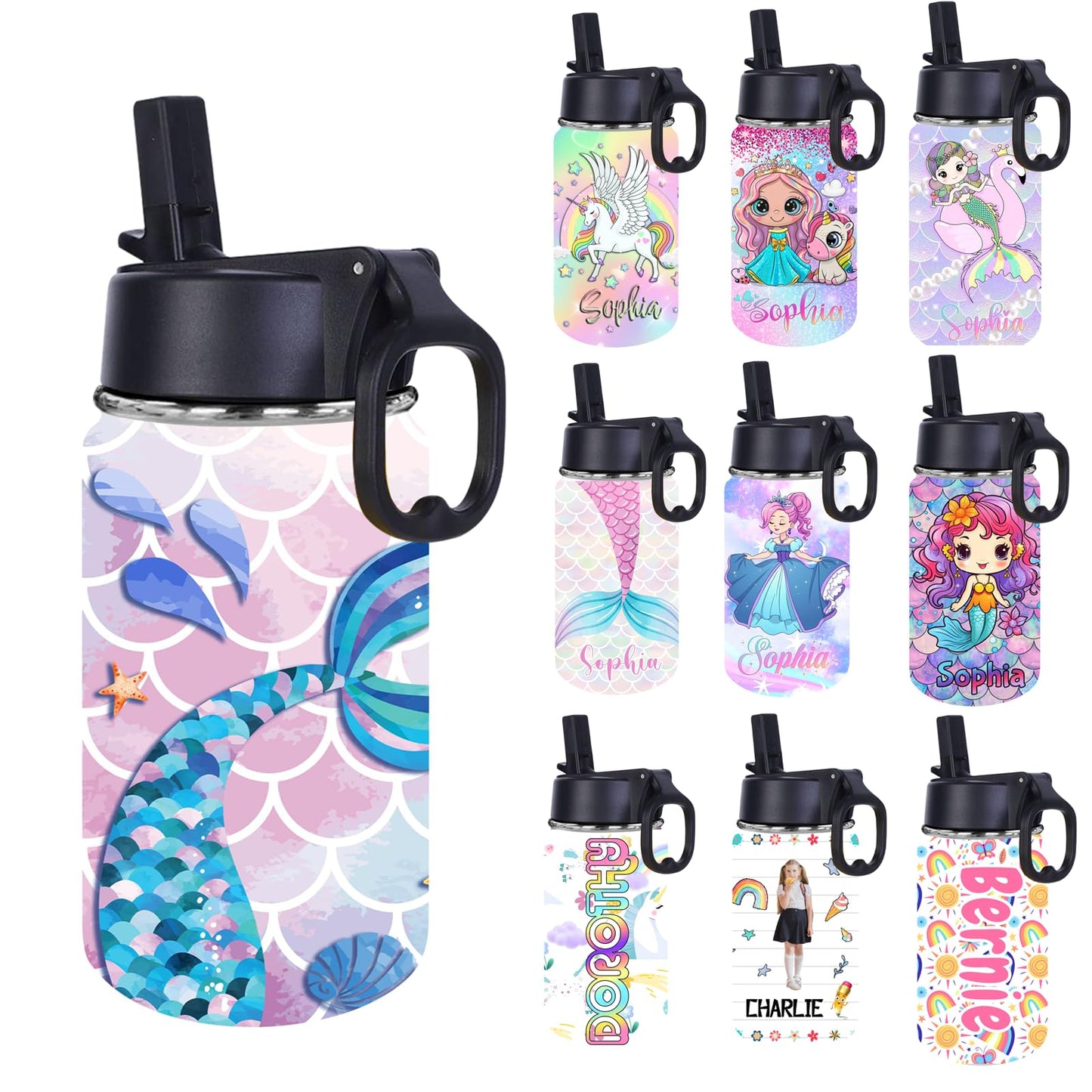 Personalized Kids Water Bottle with Straw Customized Mermaid Tail Water Cup Custom Rainbow Fish Tail Water Cup with Kids Name Back to School Gift for Girls Daughter Granddaughter Toddler Children12oz