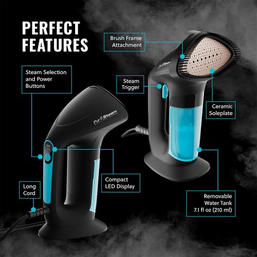PurSteam SteamPulse Pro Handheld Steamer for Clothes, Portable Handheld Fabric and Garment Travel Steamer Iron Press Wrinkle Remover with Fabric Brush