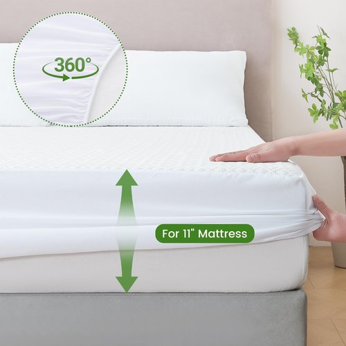 KUUP Waterproof Queen Mattress Protector- Hypoallergenic Odor-Free Rayon Derived from Bamboo, Breathable Cooling 3D Air Noiseless Mattress Cover Fits 11" Deep Pockets