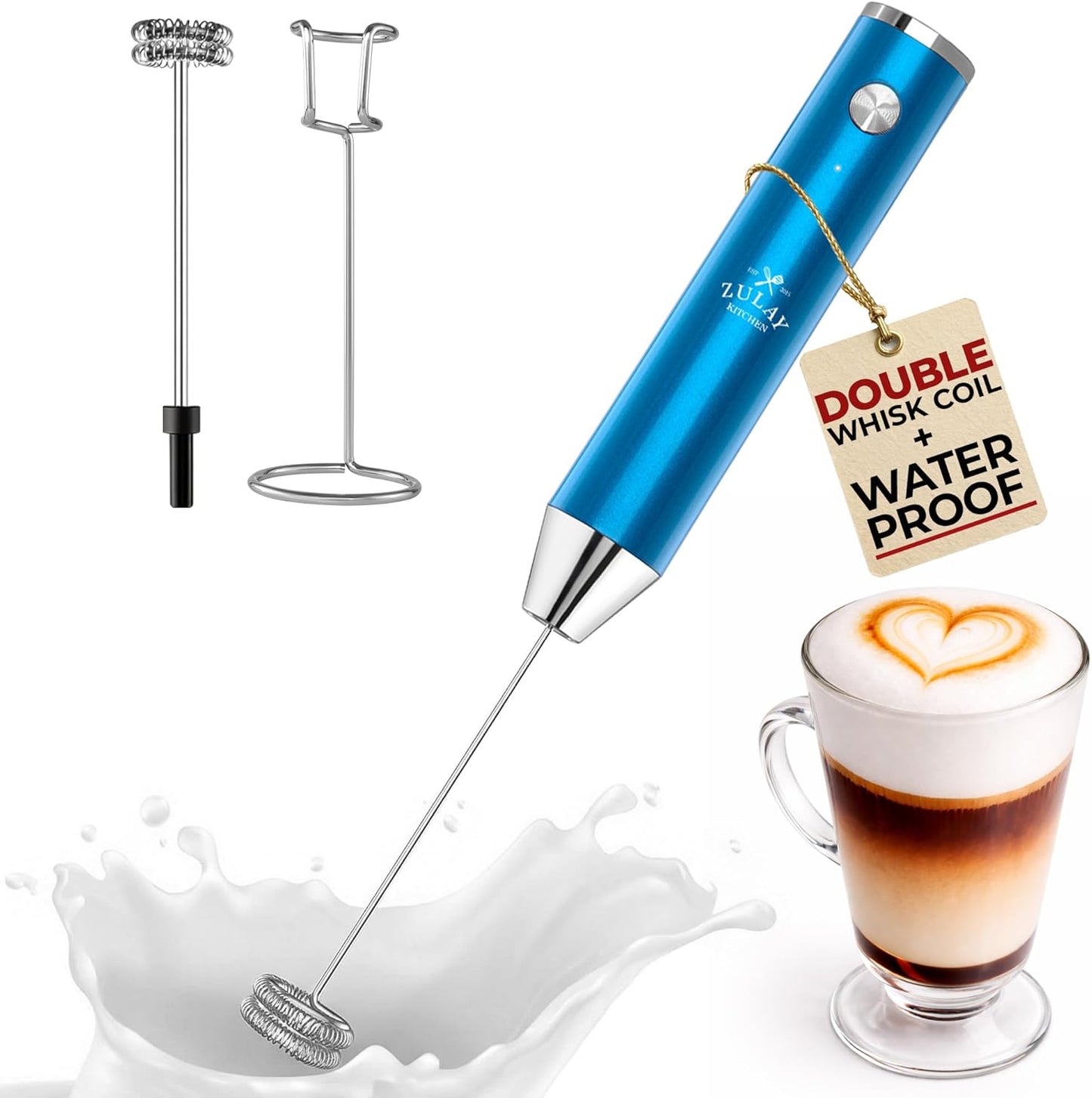 Zulay Kitchen Rechargeable Milk Frother Handheld Lux - Powerful 2-Speed Motor, Waterproof, 2000mAh Battery - Drink Mixer for Latte, Cappuccino, Matcha & Protein Powder - Metallic Blue