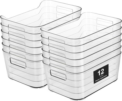 Heyuzb 12-Pack Clear Plastic Storage Bins - Versatile Organizers for Kitchen, Office & Pantry