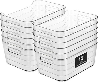 Heyuzb 12-Pack Clear Plastic Storage Bins - Versatile Organizers for Kitchen, Office & Pantry