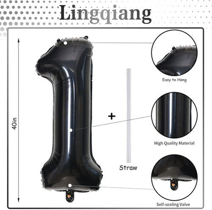 Black Foil Balloon Number 1 by [Brand Name] - Giant Self-Inflating 40-Inch Helium Balloon for 1st Birthday & Celebrations