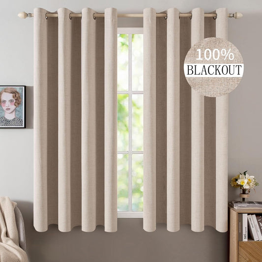 MIULEE Blackout Curtains - 100% Thermal Insulated Linen Textured Drapes | Natural Beige, 52 x 54 Inch (2 Panels)