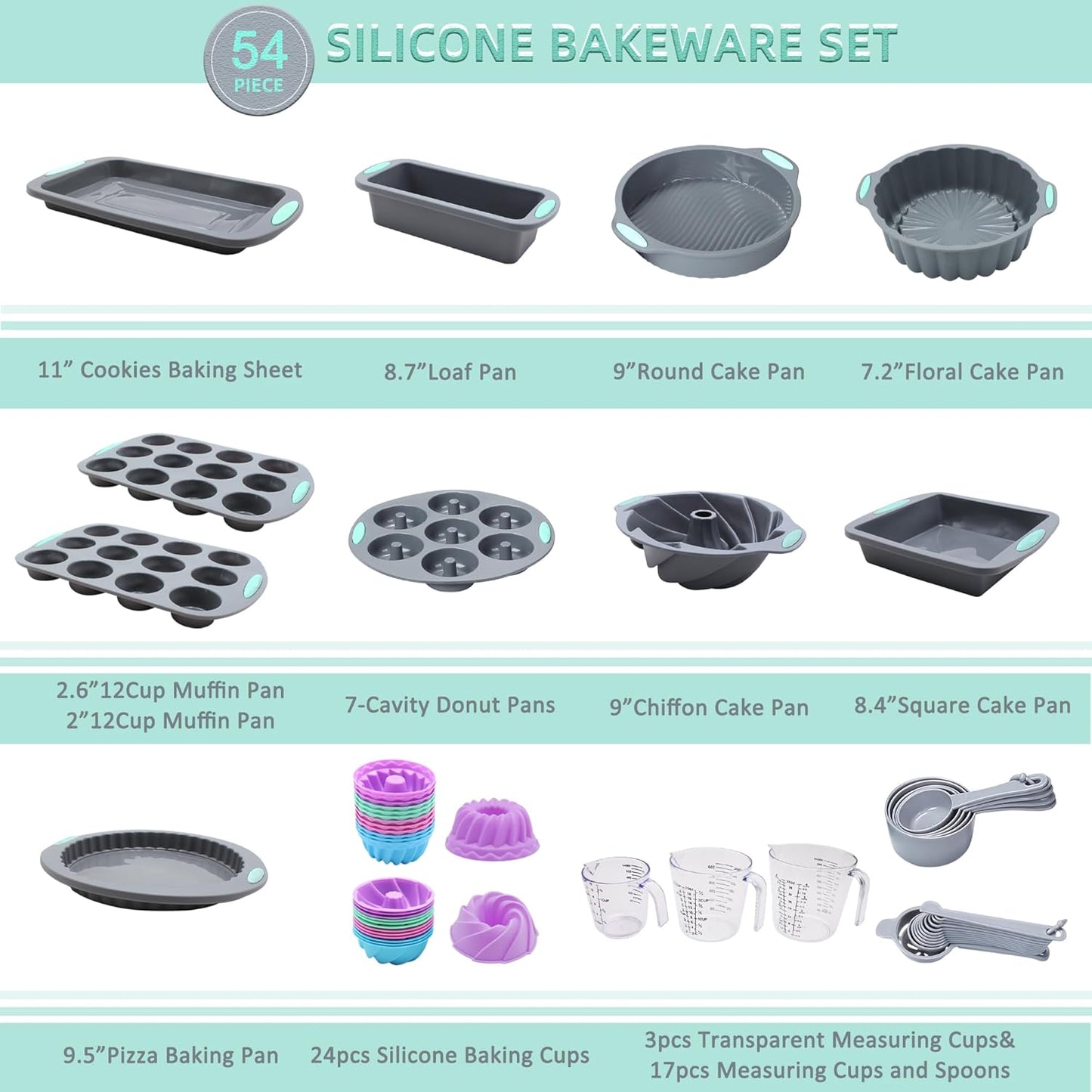 Tongjude Silicone Baking Pans Set - 54 Non-Stick Cake Molds, Loaf & Muffin Pans with Measuring Cups | Grey