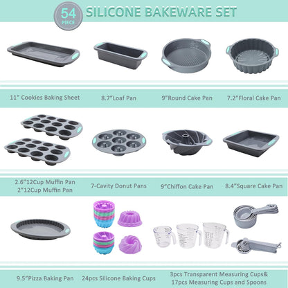 Tongjude Silicone Baking Pans Set - 54 Non-Stick Cake Molds, Loaf & Muffin Pans with Measuring Cups | Grey