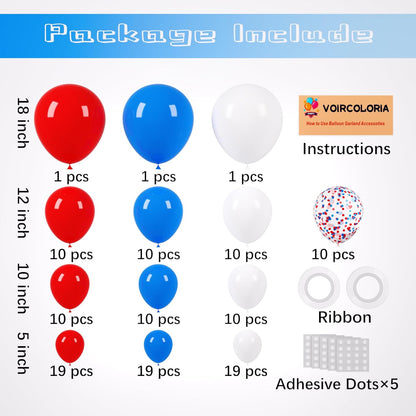 Voircoloria 130pcs Party Balloons - Red, White & Blue Latex in Various Sizes for Celebrations