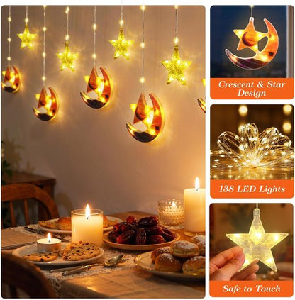 Lewondr 138 LED Moon Star Fairy Lights - USB Powered Curtain String Lights with Remote Control | 8 Modes & 6H Timer for Ramadan Decorations