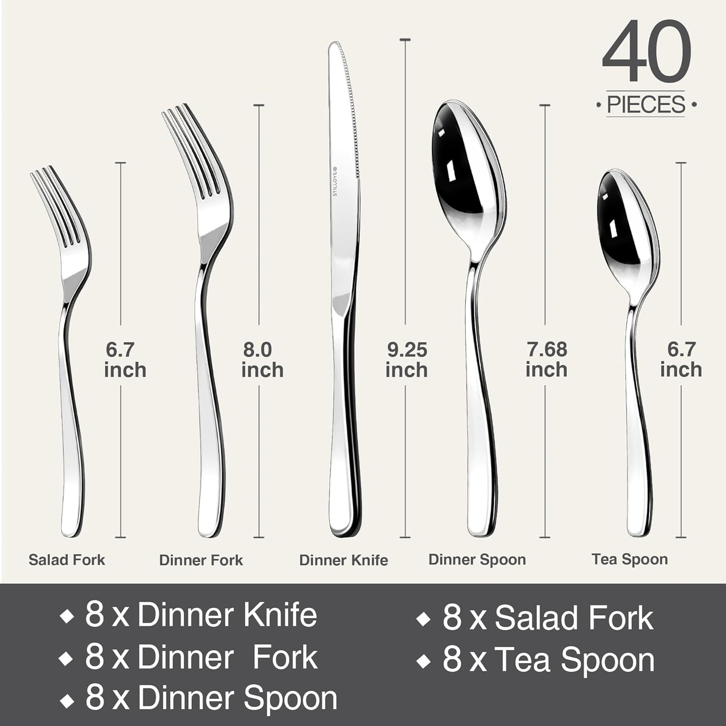 Skiennix 40-Piece Silverware Set for 8 | Premium 18/10 Stainless Steel Flatware, Mirror Polished, Dishwasher Safe