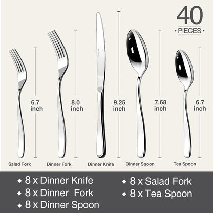 Skiennix 40-Piece Silverware Set for 8 | Premium 18/10 Stainless Steel Flatware, Mirror Polished, Dishwasher Safe