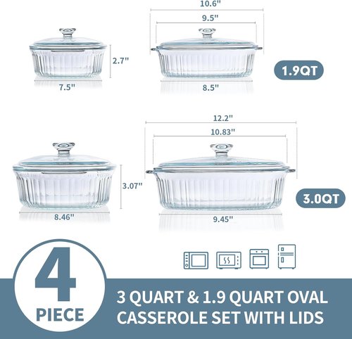 MCIRCO Glass Casserole Baking Dish Set - 4-Piece with Lids, 1.9 Qt & 3 Qt Sizes