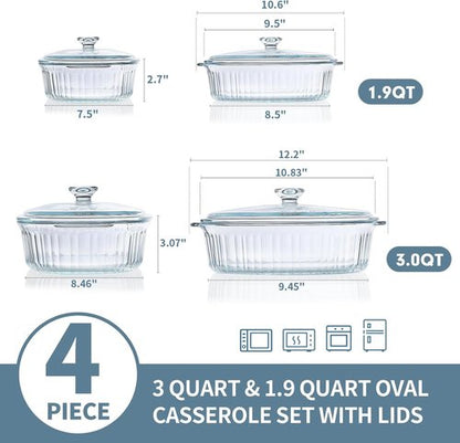 MCIRCO Glass Casserole Baking Dish Set - 4-Piece with Lids, 1.9 Qt & 3 Qt Sizes