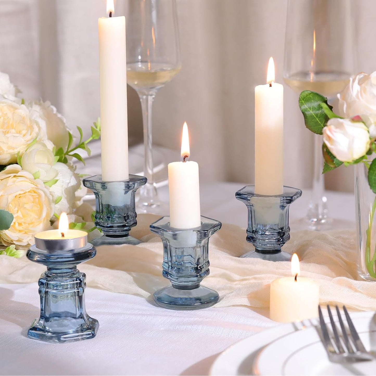 Regine Switzerland Blue Glass Candlestick Holders - 12 Pcs Crystal Taper Candle Holders for Weddings & Home Decor