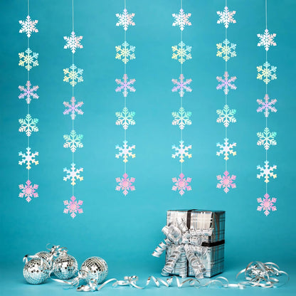Panduola Iridescent Holographic Snowflake Garland - 6pcs Winter Wonderland Party Decorations