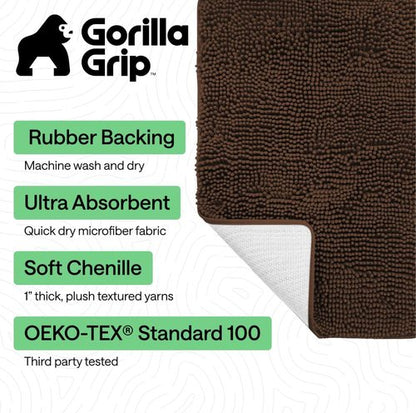 GORILLA GRIP Bath Rug Mat - Thick Soft Absorbent Chenille | Quick Dry Microfiber, 44x26, Brown